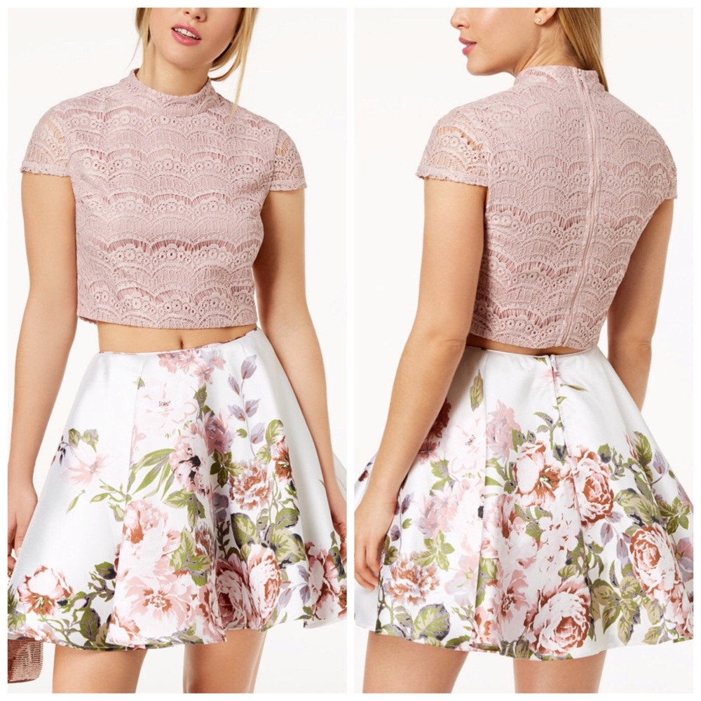 City Studio Blush Pink Lace Crop Top with White Floral Skirt